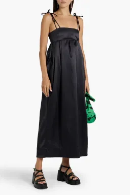 Ganni Gathered Satin Midi Dress Black Size AU 6 for rent on The Volte - image 1