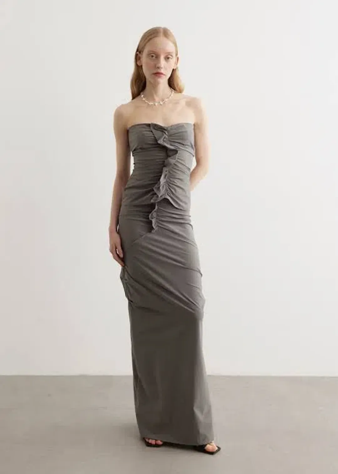 Paris Georgia Minimal Ruffle Top & Skirt Set Grey Size 10 for rent on The Volte - main image