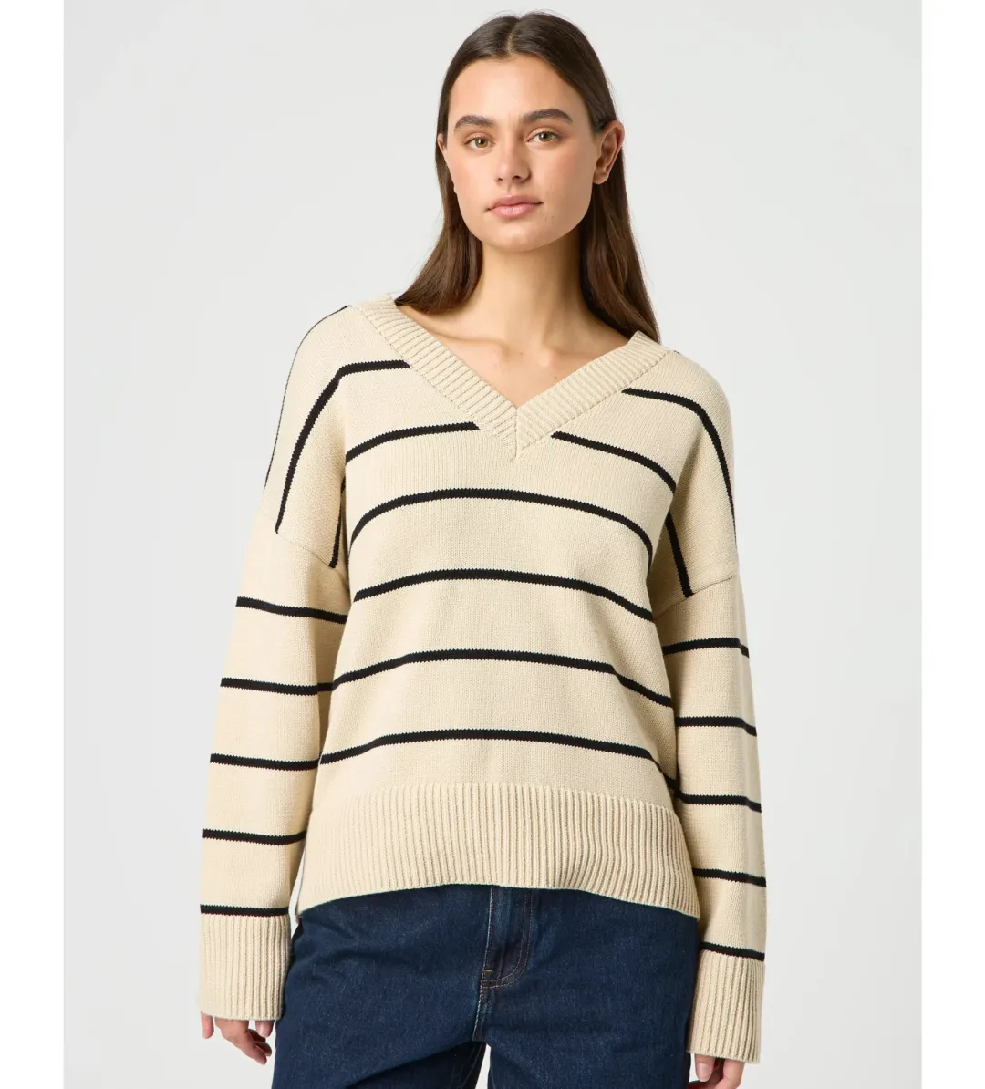Reformation Sienna Oversized Cotton V Neck Sweater Birch with Black Stripe Size XS / AU 6 for rent on The Volte - main image