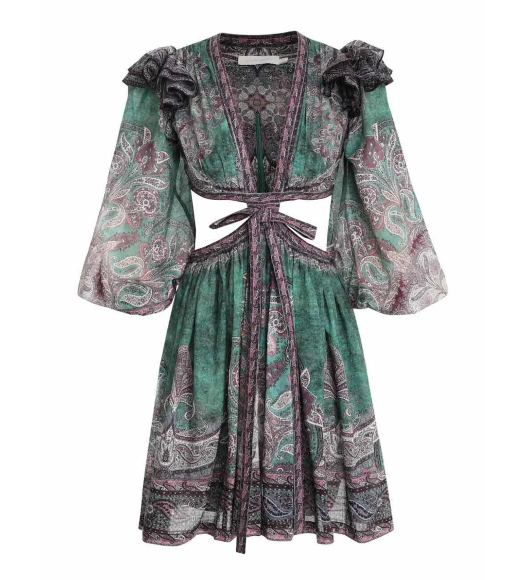 Zimmermann Anneke Ruffle Mini Dress Teal Paisley Size 0P/AU 6P for rent on The Volte - main image