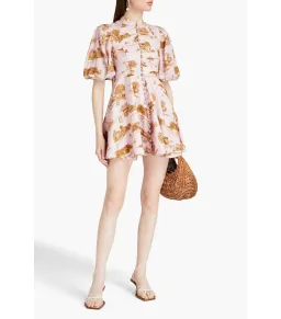 Zimmermann  Linen Toile Mini Dress Pink Print Size AU 14 for rent on The Volte - image 1