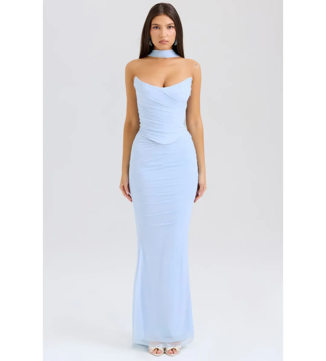 House Of CB Set Hallie Strapless Corset With Neck Scarf & Cassidy Fluted Hem Maxi Skirt Bluebell  Size L/AU 12 for rent on The Volte - main image