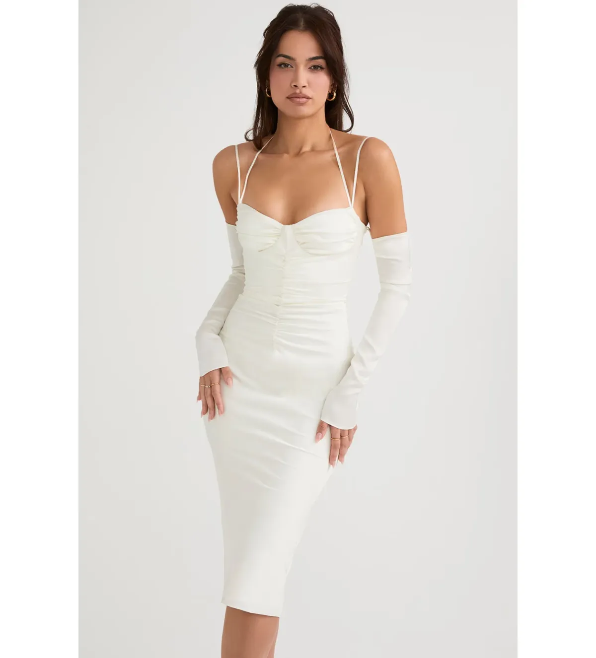 House Of CB Nanoushka Satin Midi Dress Ivory Size L/AU 12 for rent on The Volte - main image
