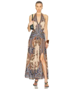Zimmermann Ascension Plunge Halter Maxi Dress in Blue/Cream Indienne Floral Size 0 / AU 8 for rent on The Volte - image 1