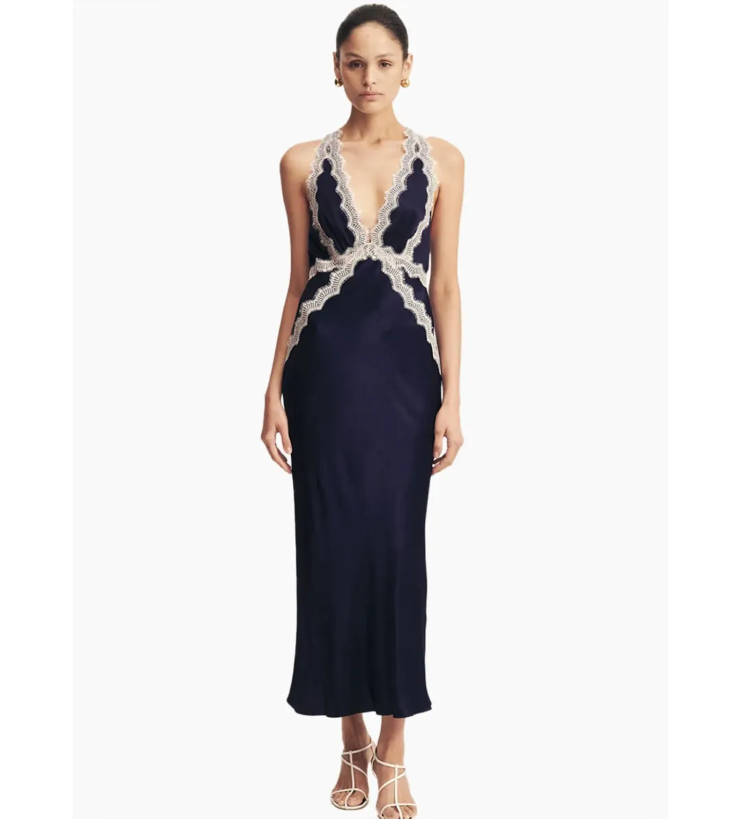 Shona joy Camille Lace Cross Back Split Maxi Dress Midnight/Ivory Size AU 8 for rent on The Volte - main image