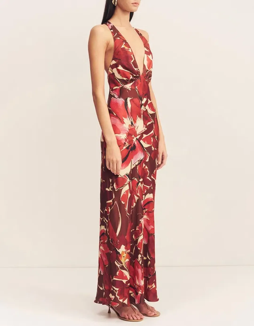 Shona Joy Nolita Plunged Cross Back Maxi Dress Rosewood Floral Size AU 6  for rent on The Volte - main image