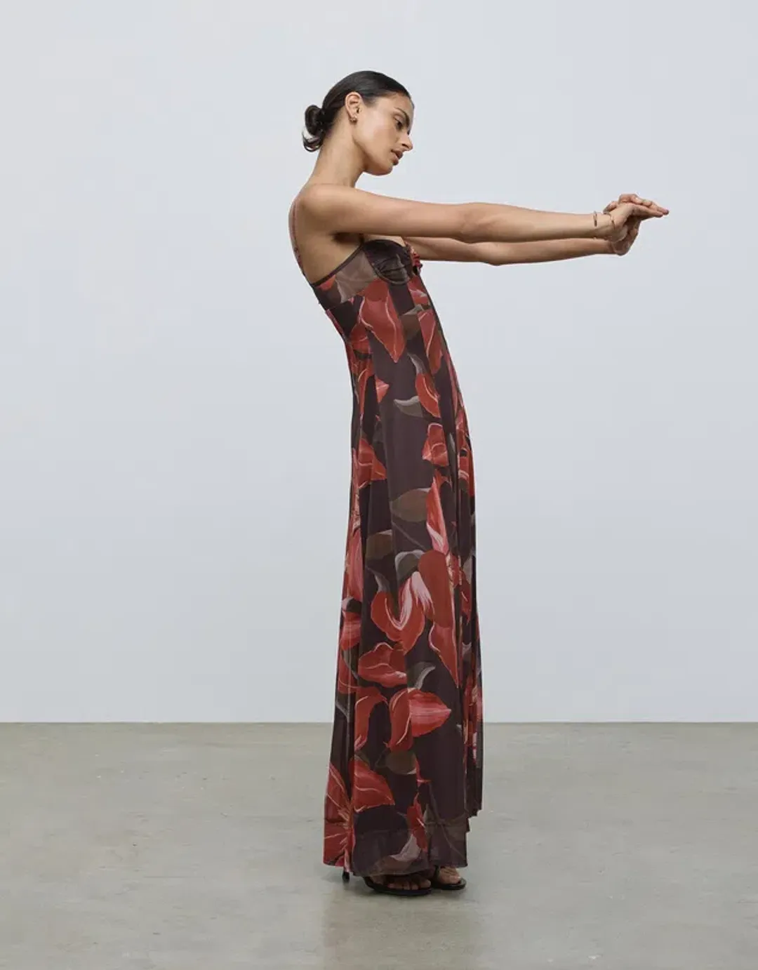 Lover Cleo Bustier Mesh Maxi Dress Chocolate Watercolour Hibiscus Size AU 6 for rent on The Volte - main image