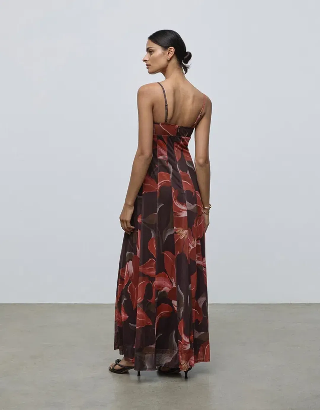 Lover Cleo Bustier Mesh Maxi Dress Chocolate Watercolour Hibiscus Size AU 6 for rent on The Volte - main image