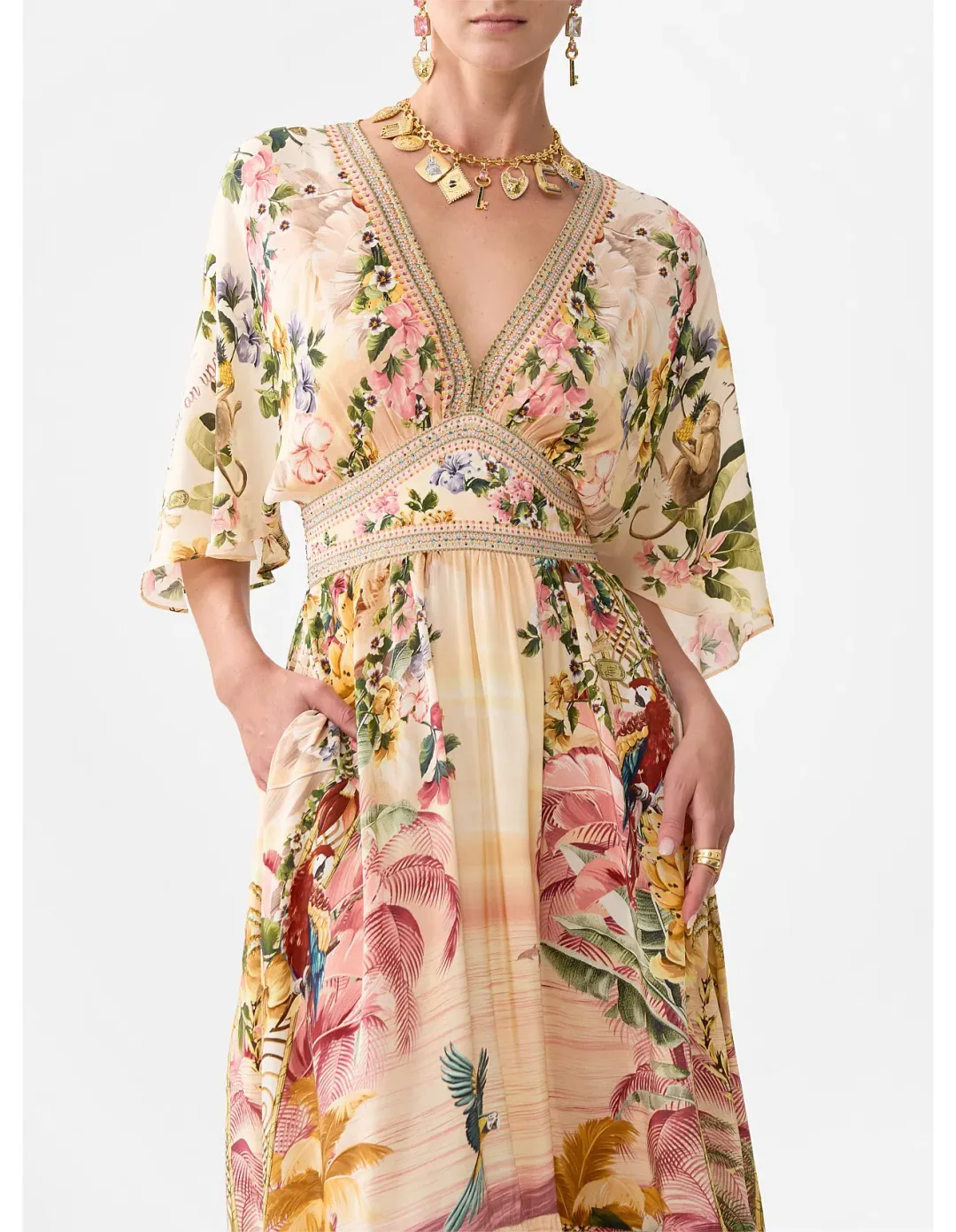 Camilla Waisted Dress with Hem Ruffle in Welcome to the White Lotus Print Size XS / AU 8 for rent on The Volte - main image