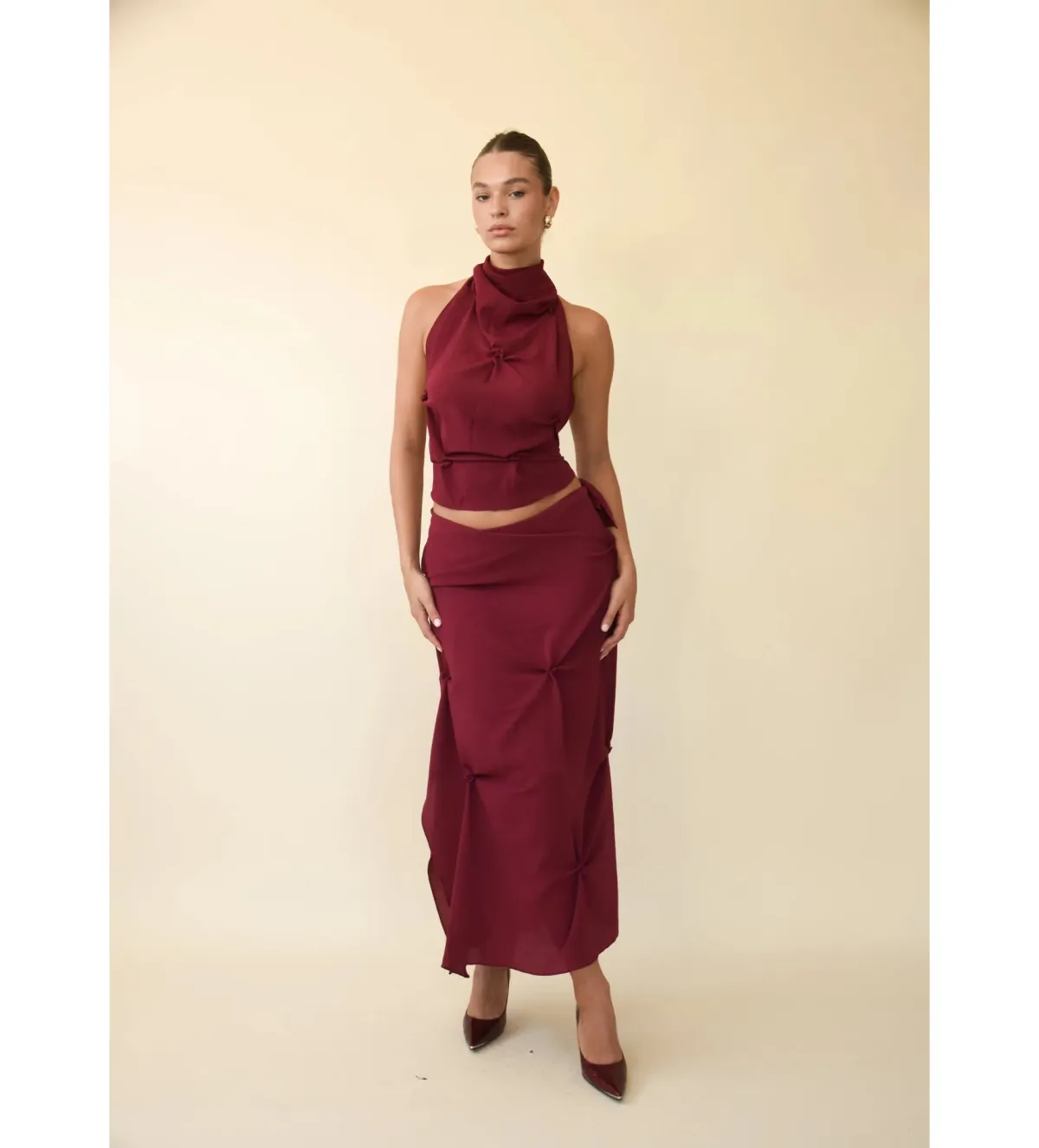 Koster Kulture Marbella Halter Top and Midi Skirt Set Wine Size M/AU 10 for rent on The Volte - main image