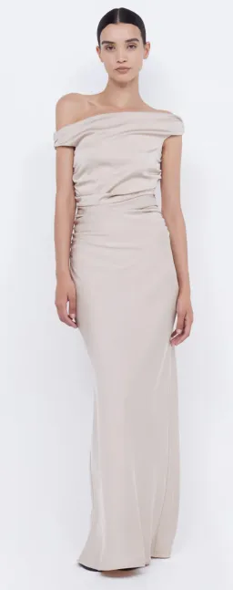 Bec & Bridge Eternity Off Shoulder Maxi dress in Sand Size AU 12 for rent on The Volte - image 1