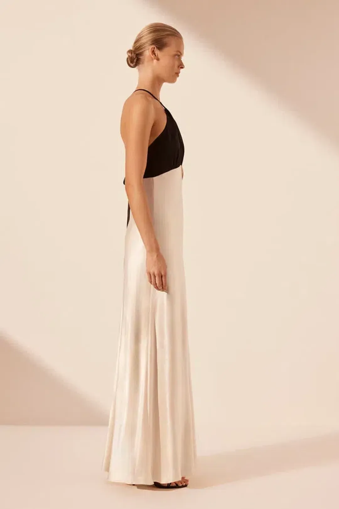 Shona Joy Lino Cross Back Halter Maxi Dress Cream Black Size 6 for rent on The Volte - main image