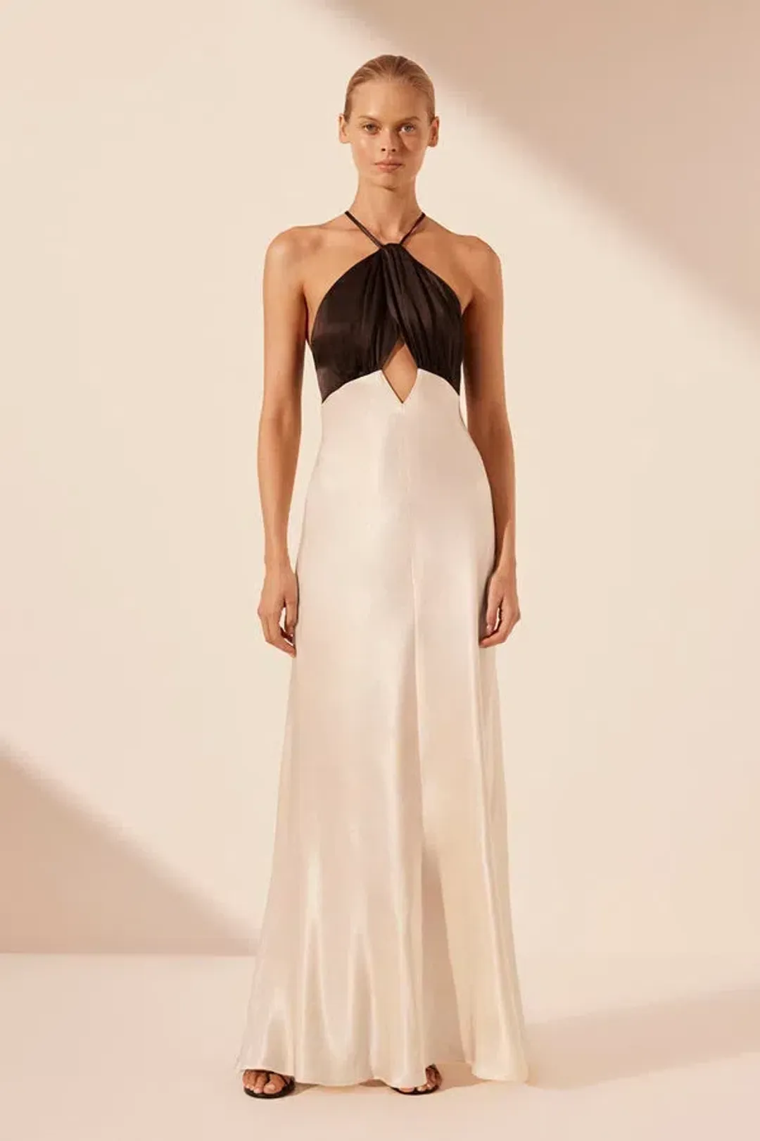 Shona Joy Lino Cross Back Halter Maxi Dress Cream Black Size 6 for rent on The Volte - main image