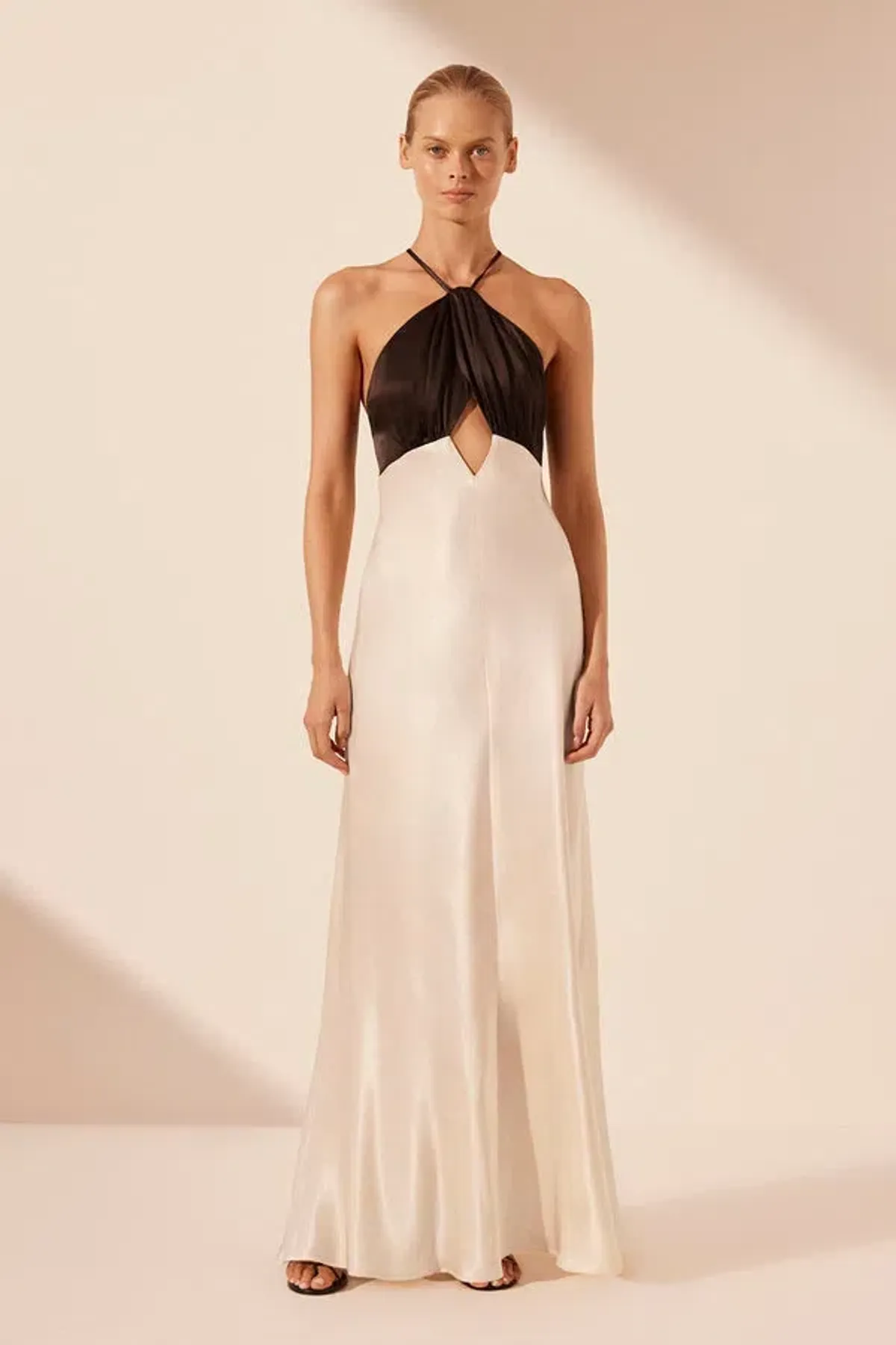 Shona Joy Lino Cross Back Halter Maxi Dress Cream Black Size 6 for rent on The Volte - main image
