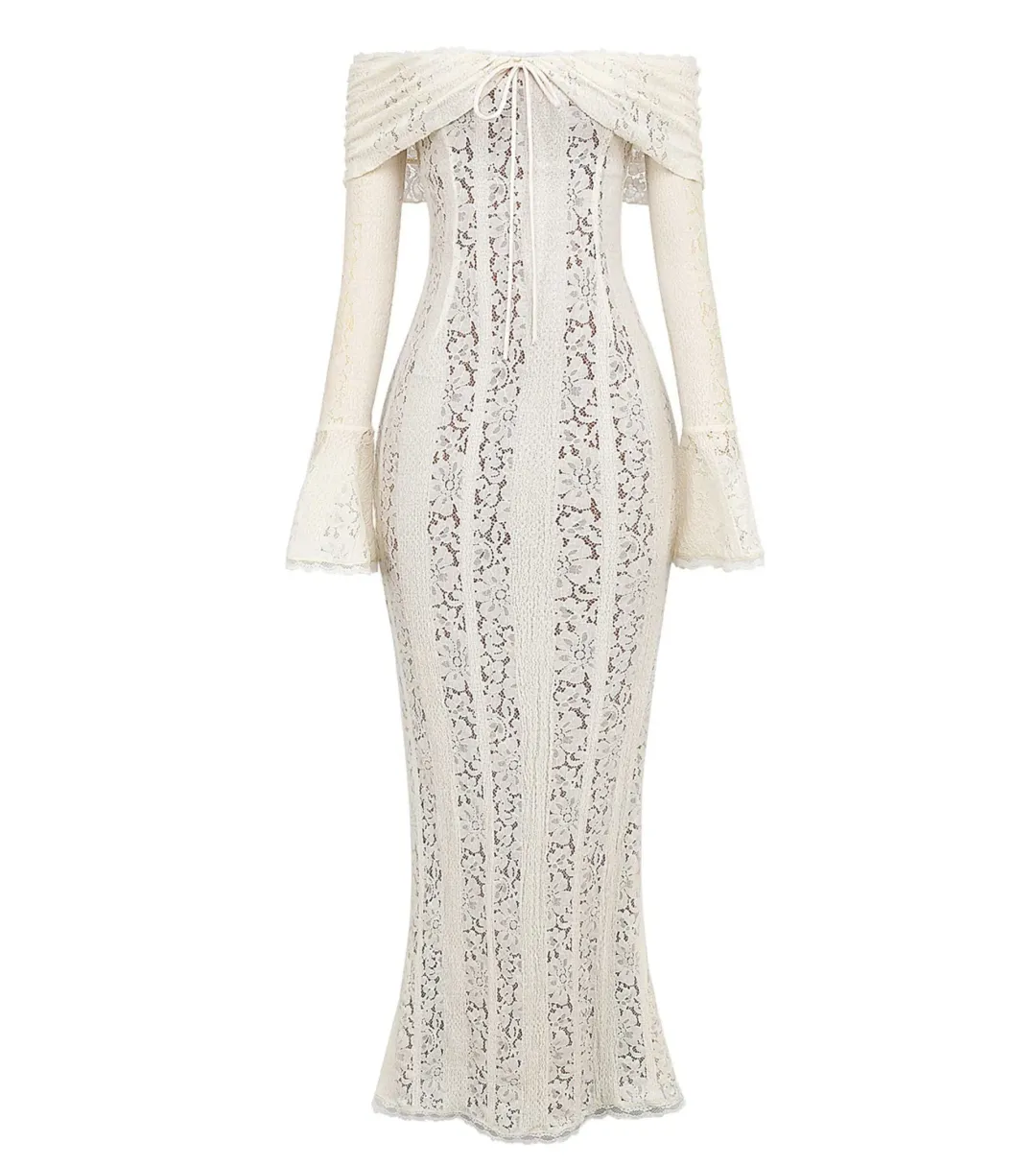 House of CB Belle Vintage Cream Floral Lace Off Shoulder Maxi Dress - Size L / AU 8-10 for rent on The Volte - main image