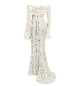 House of CB Belle Vintage Cream Floral Lace Off Shoulder Maxi Dress - Size L / AU 8-10 for rent on The Volte - image 4