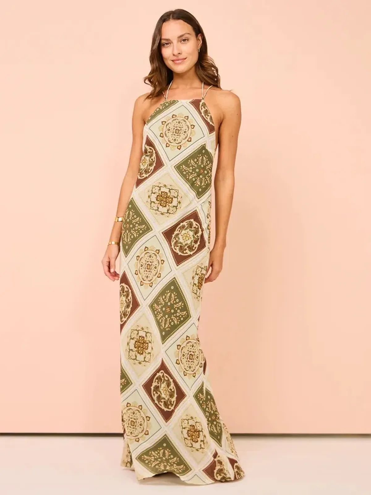 Hansen and Gretel Pagan Slip Dress Evergreen Tile Size AU 8 for rent on The Volte - main image