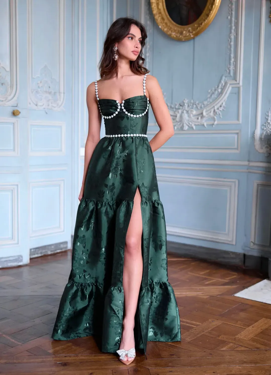 V Chapman Lucetta Dress in Emerald Baroque Floral Size 8 for rent on The Volte - main image