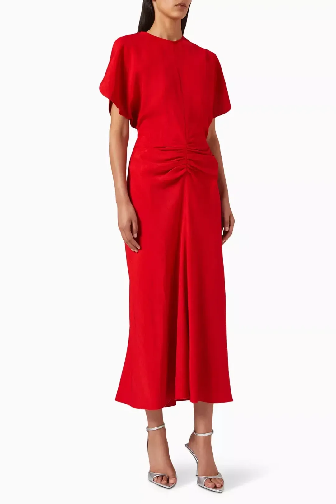 Victoria Beckham Gathered Waist Midi Dress Red Size 12 for rent on The Volte - main image