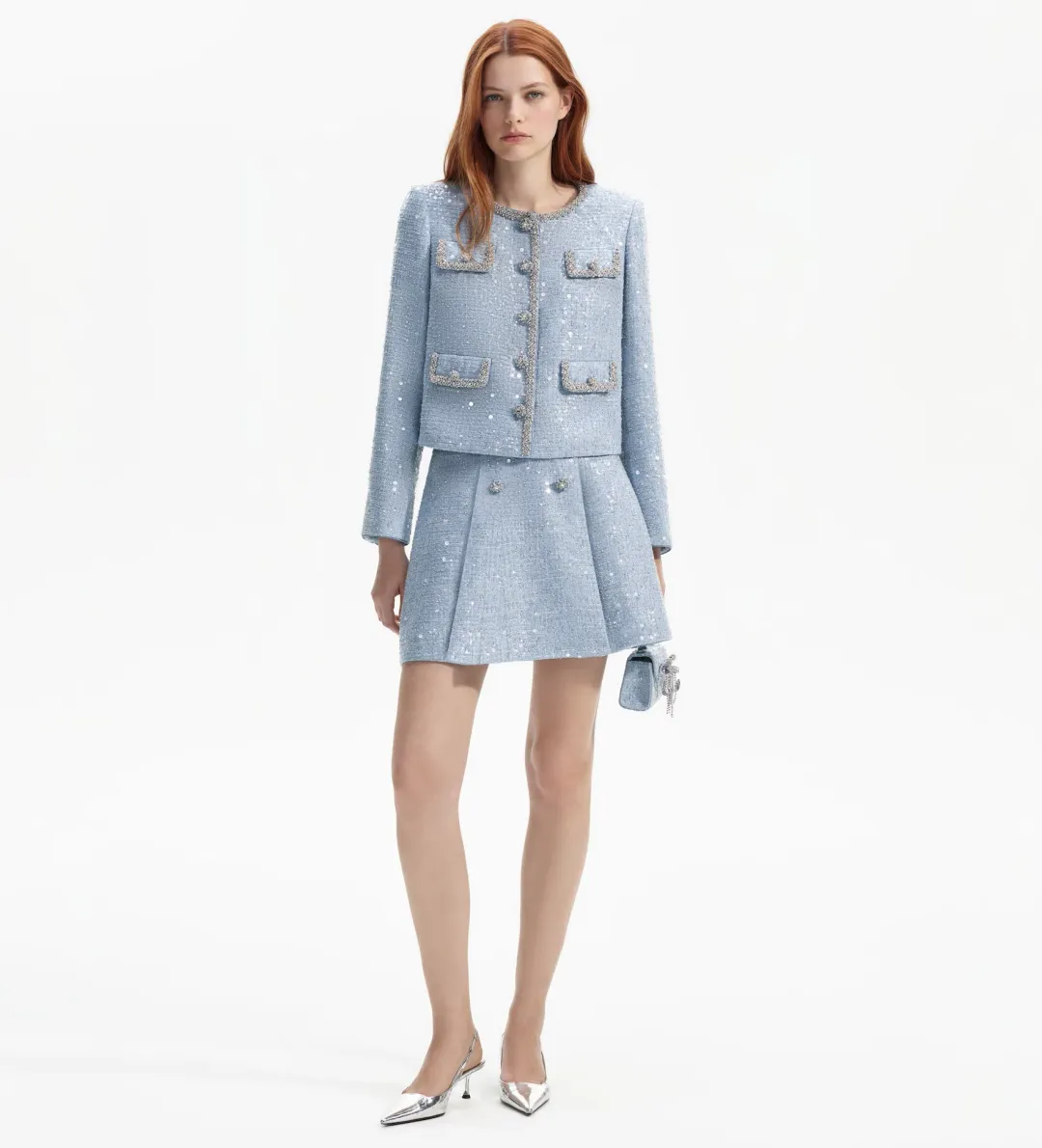 Self Portrait Boucle Jacket and Mini Skirt Set in Blue Sequin Size AU 10 for rent on The Volte - main image
