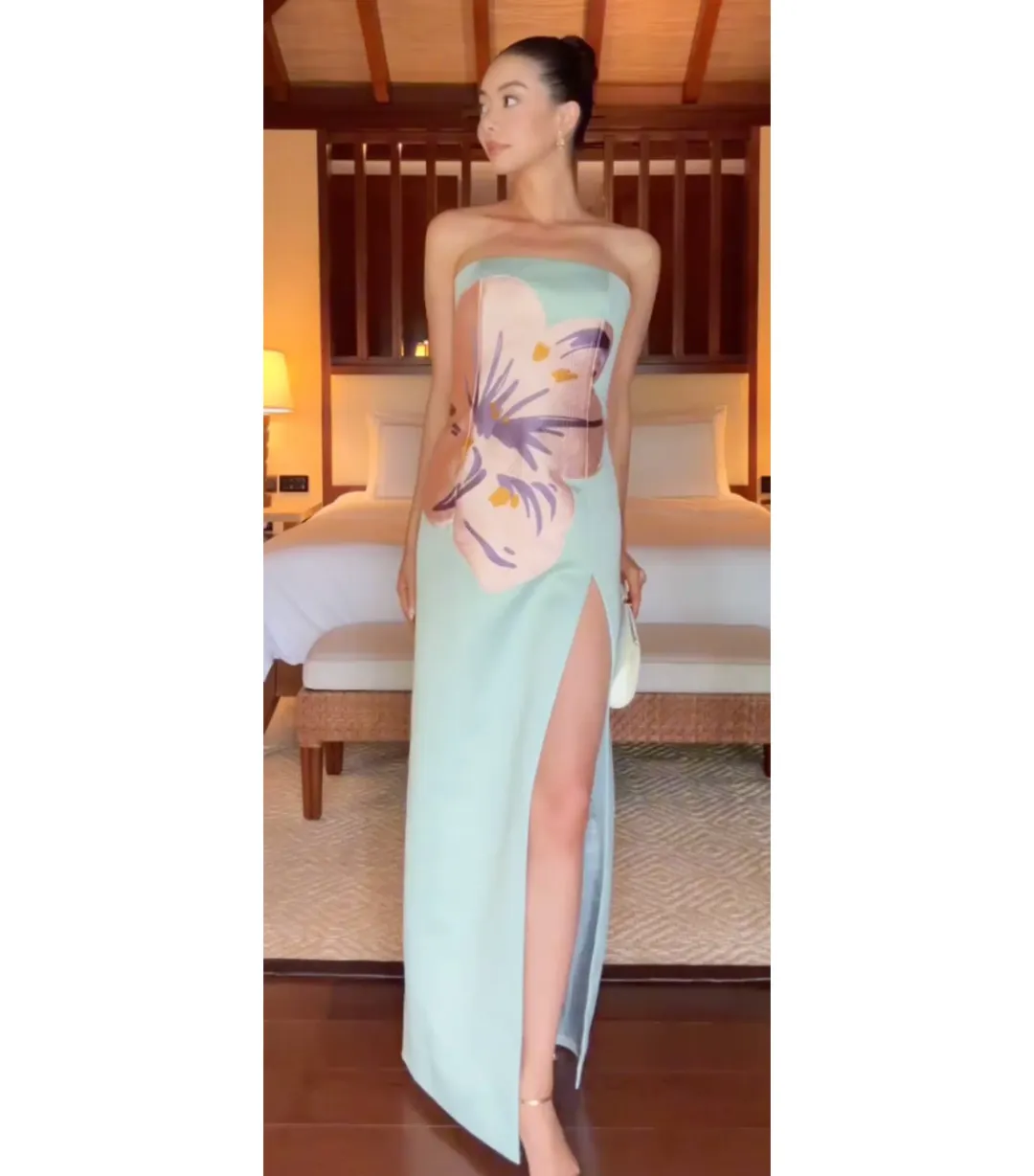 Leo Lin Clémence Embroidered Split Maxi Dress in Hibiscus in Pistachio Size AU 14 for rent on The Volte - main image