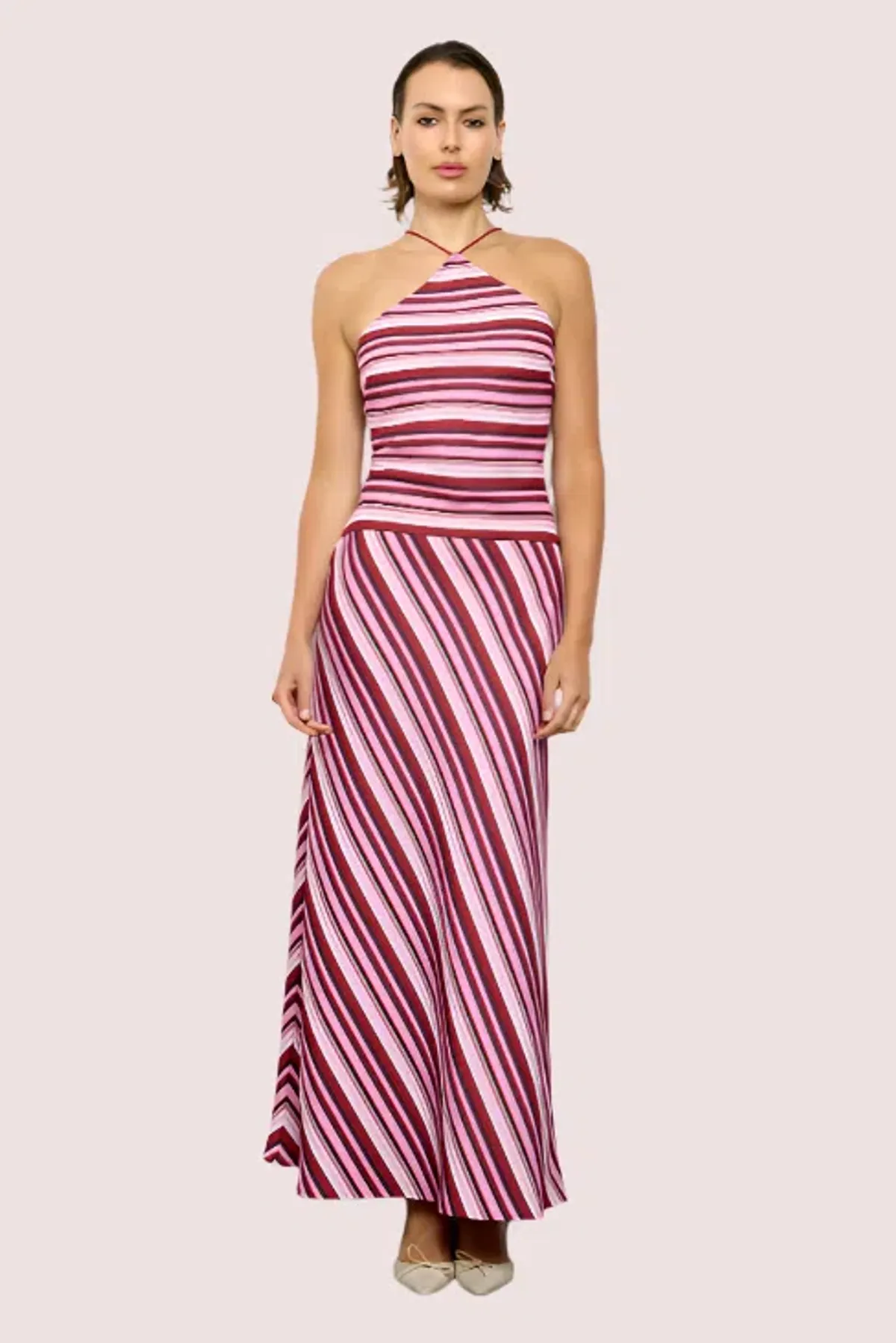 With Harper Lu Magenta Stripe Halter Maxi Dress Size 8 for rent on The Volte - main image