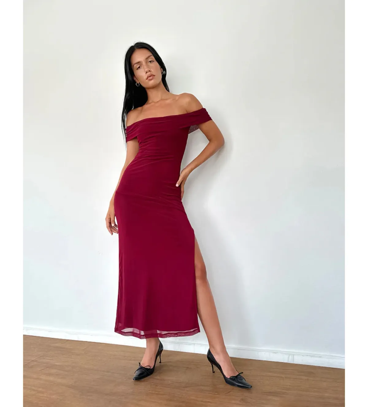 Motel Rocks Tarna Bardot Mesh Maxi Dress in Burgundy Size S / AU 10  for rent on The Volte - main image