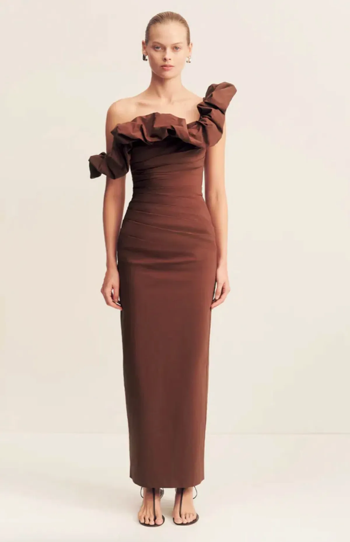 Shona Joy Cambell Ruffle Draped Maxi in Espresso Size 10 for rent on The Volte - main image
