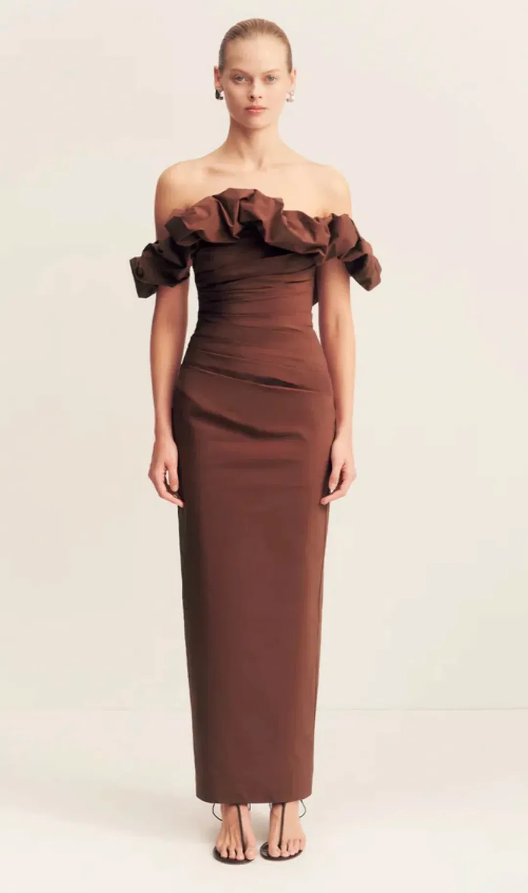 Shona Joy Cambell Ruffle Draped Maxi in Espresso Size 12 for rent on The Volte - main image