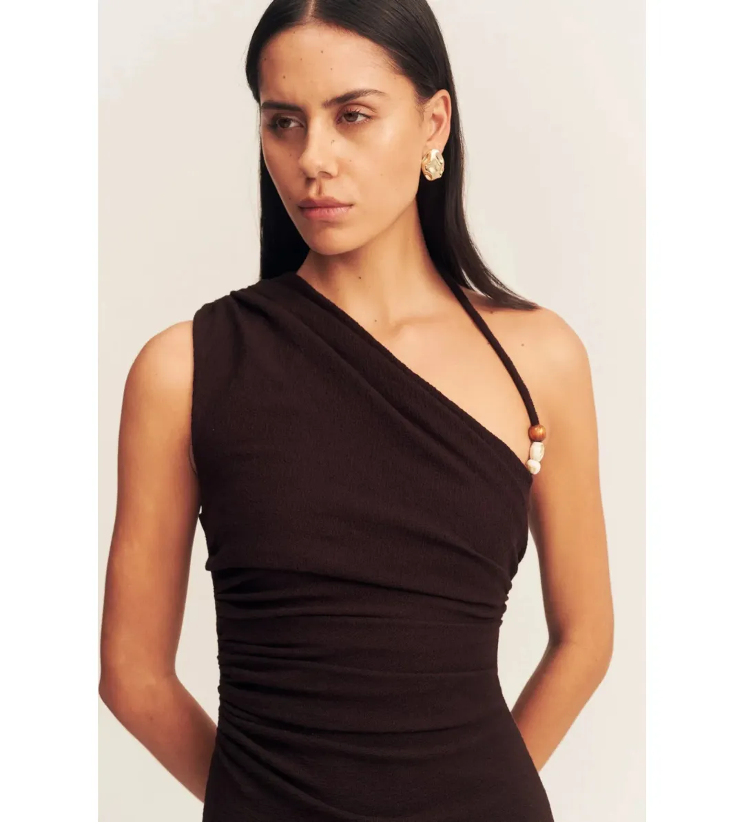 Shona Joy Beau Gathered Asymmetrical Midi Dress in Espresso Size XS / AU 6  for rent on The Volte - main image