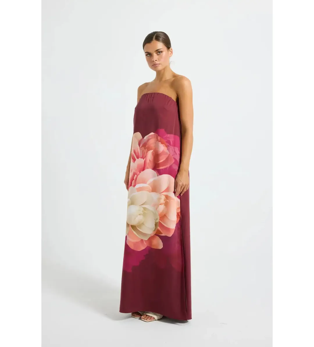 Pasduchas Romance Strapless Maxi Dress Burgundy Floral Size 12 for rent on The Volte - main image