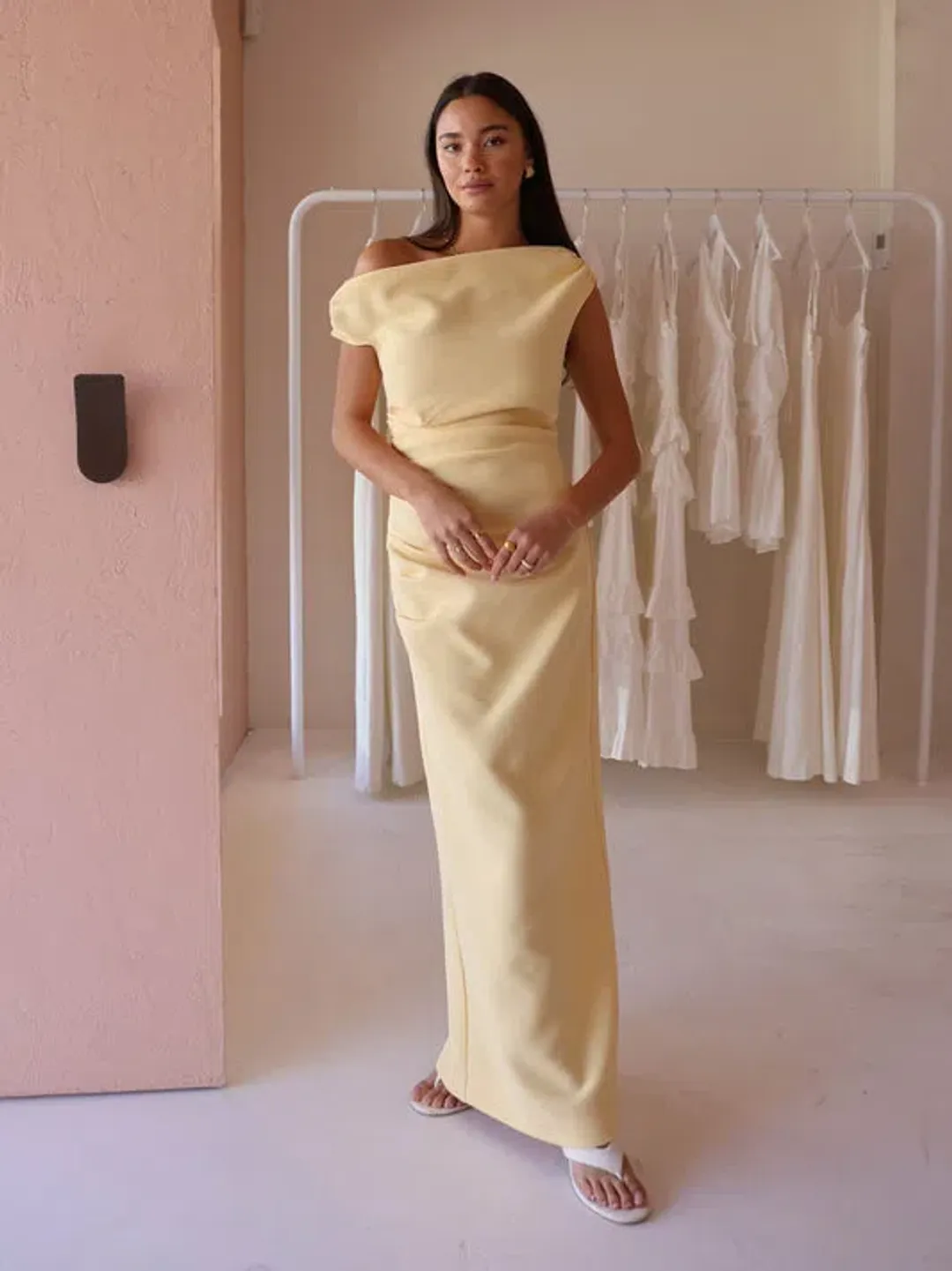 By Nicola Vivian Crepe Maxi Dress in Lemon Yellow Size 14 for rent on The Volte - main image