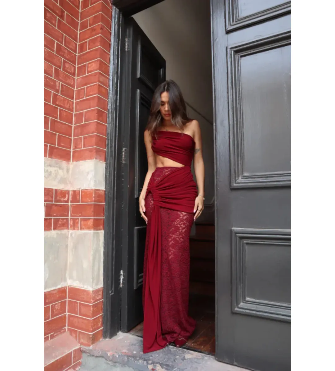Deconduarte Paradiso Maxi Dress in Wine Red Size XS / AU 6 for rent on The Volte - main image