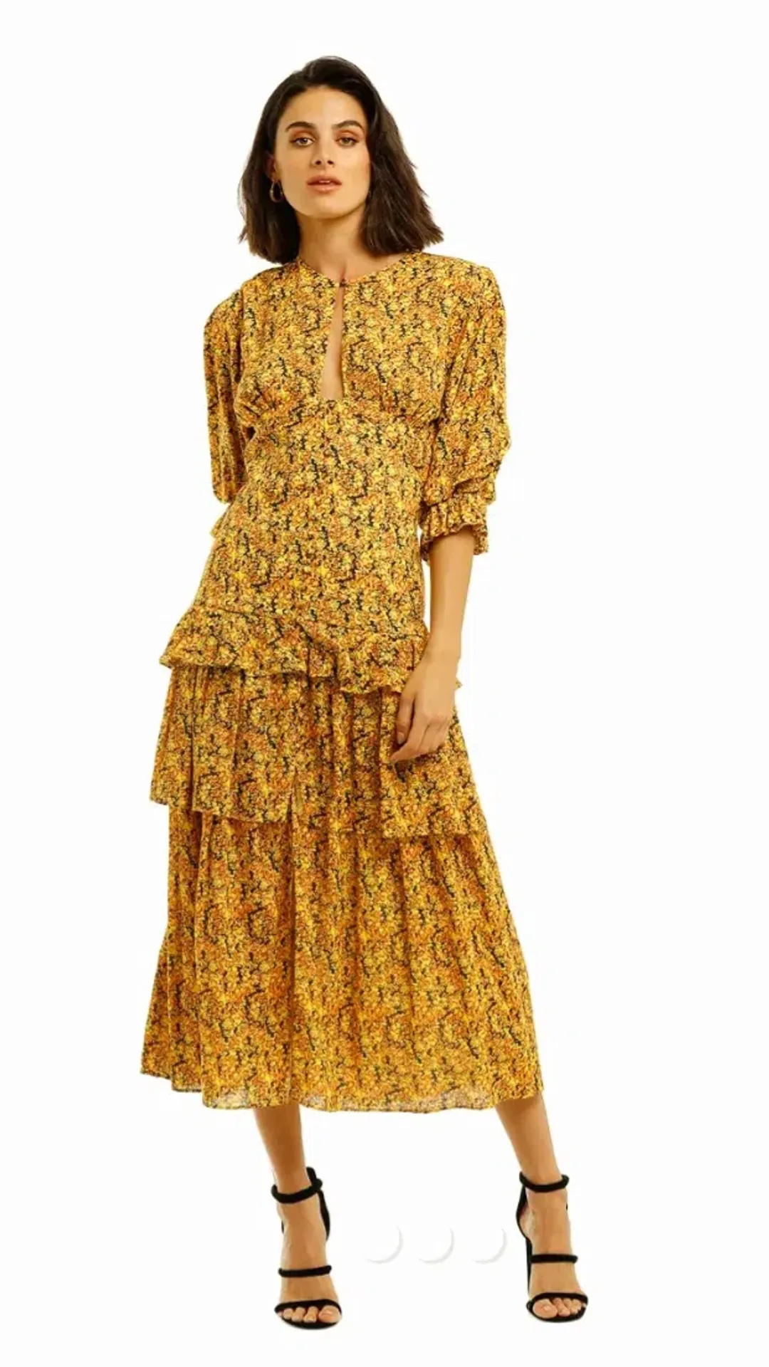 Camilla and Marc Rimini Tiered Midi Dress in Yellow Small Floral Print Size 8  for rent on The Volte - main image