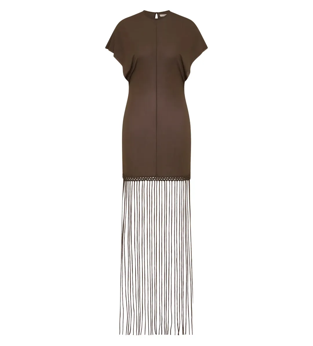 Faithfull the Brand Brita Fringe Mini Dress Chocolate Brown Size 10/M for rent on The Volte - main image