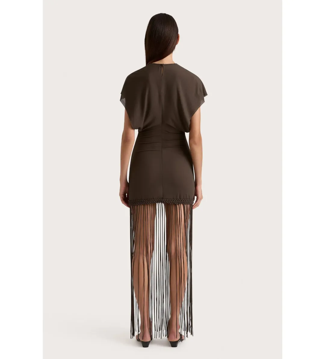 Faithfull the Brand Brita Fringe Mini Dress Chocolate Brown Size 10/M for rent on The Volte - main image