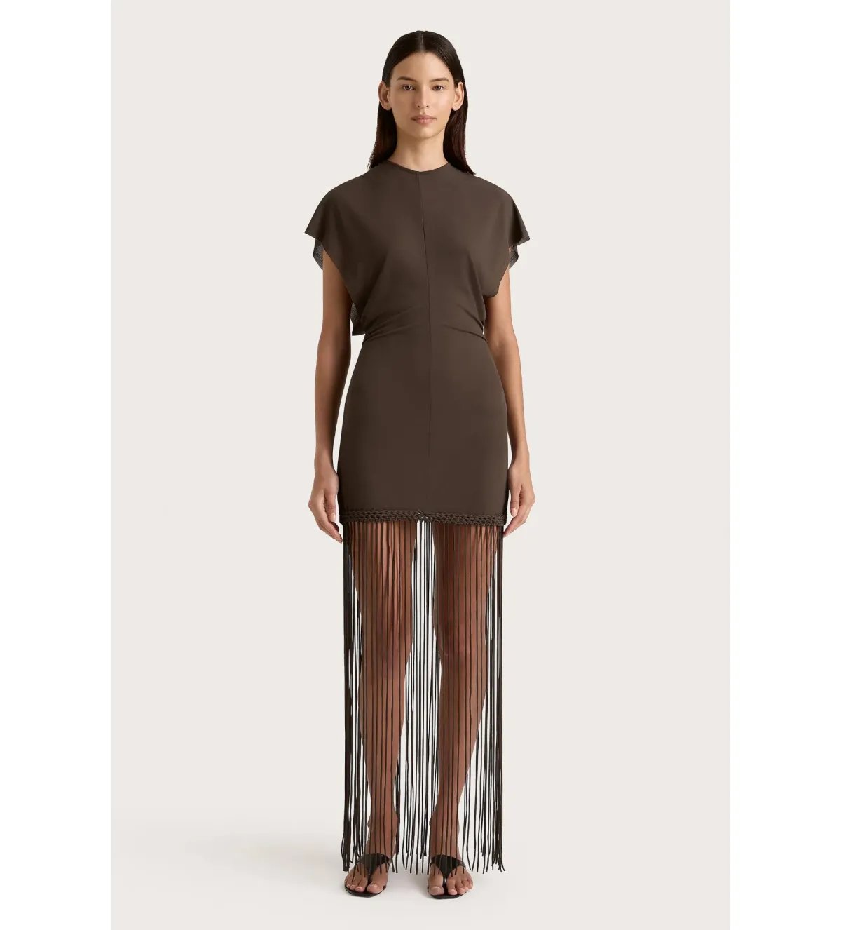Faithfull the Brand Brita Fringe Mini Dress Chocolate Brown Size 10/M for rent on The Volte - main image