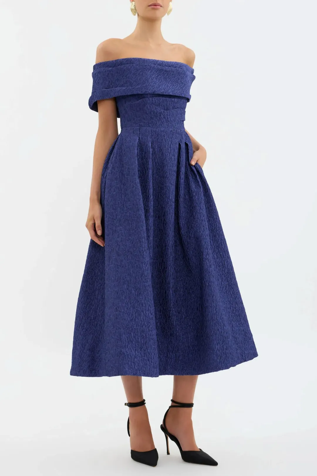 Rebecca Vallance Helene Off Shoulder Midi Dress Blue Size 10 for rent on The Volte - main image