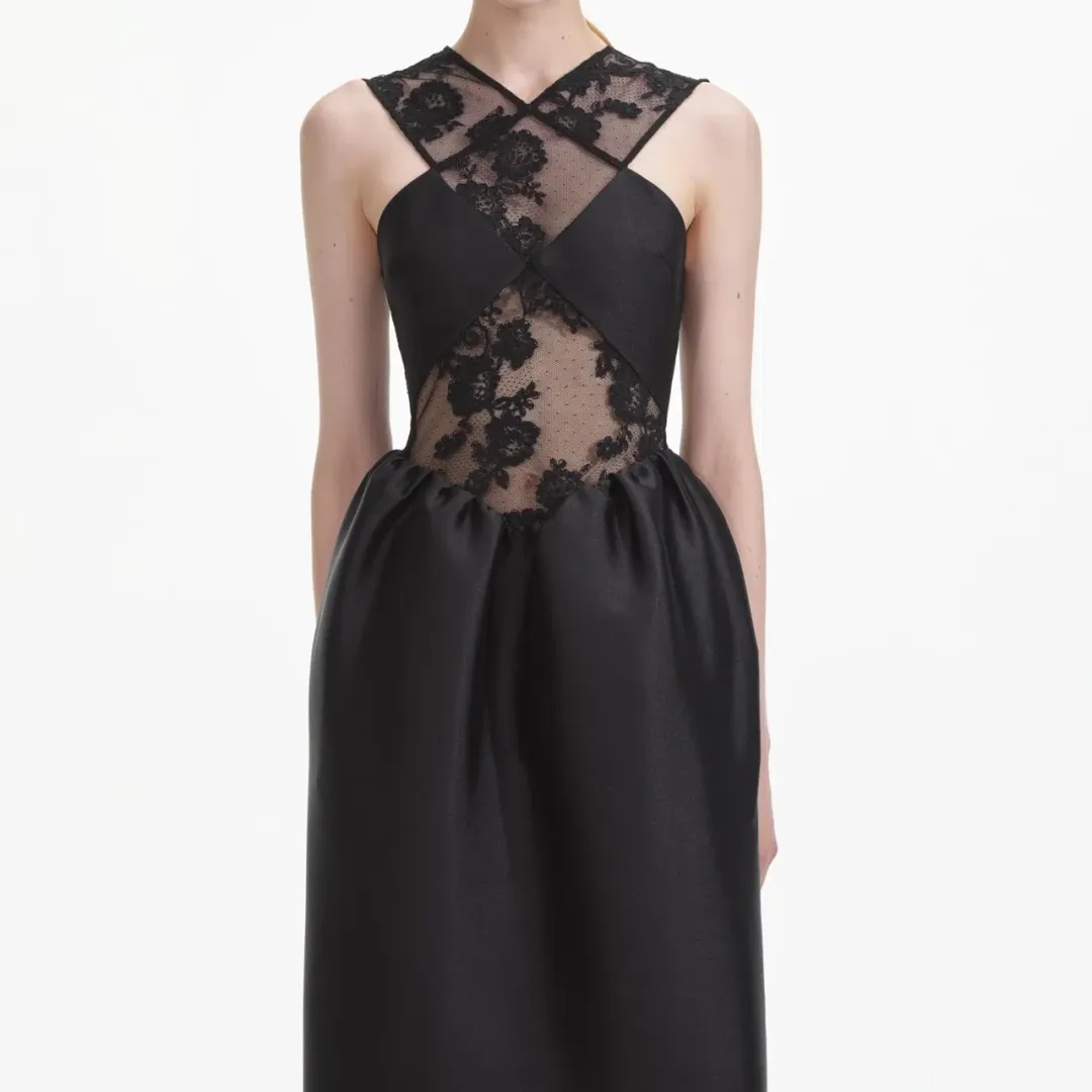 Self-Portrait Lace-trim Taffeta Maxi Dress in Black Size 8 for rent on The Volte - main image