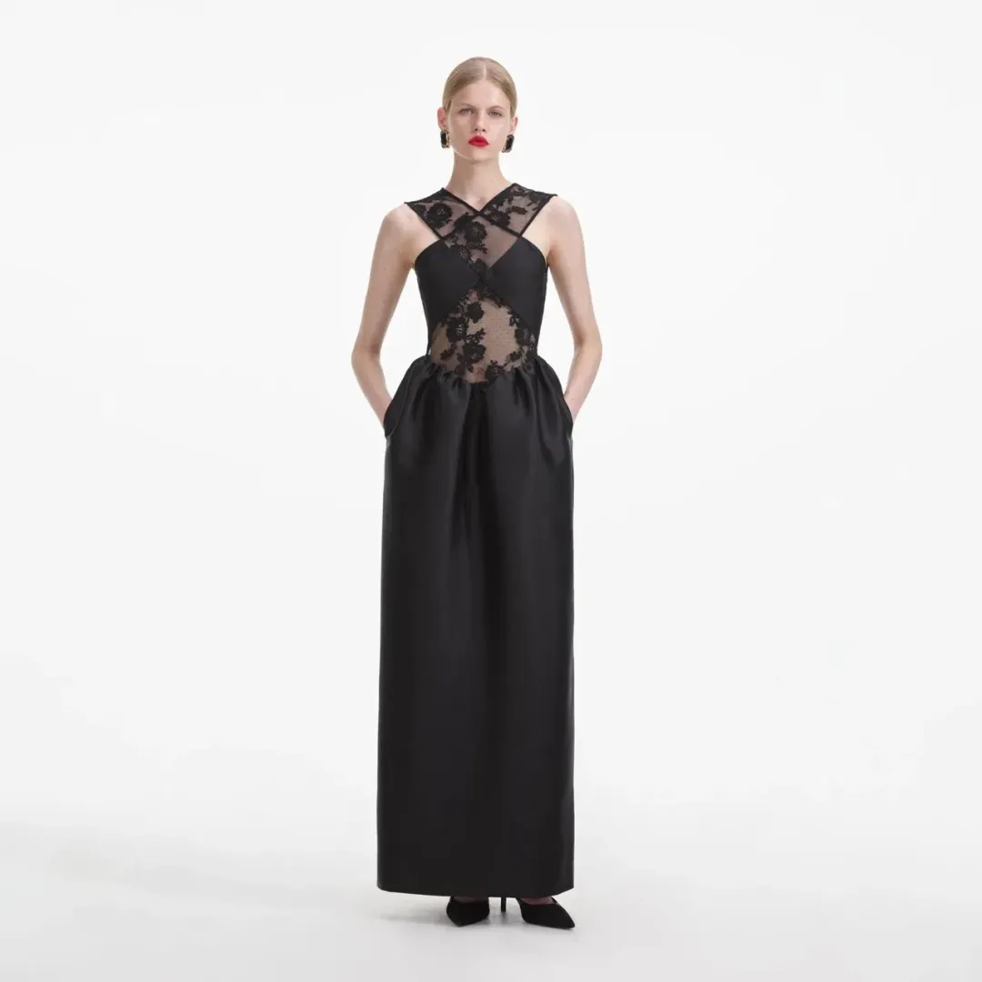 Self-Portrait Lace-trim Taffeta Maxi Dress in Black Size 8 for rent on The Volte - main image