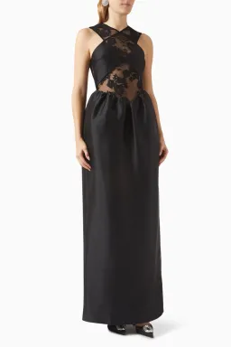 Self-Portrait Lace-trim Taffeta Maxi Dress in Black Size 8 for rent on The Volte - image 5