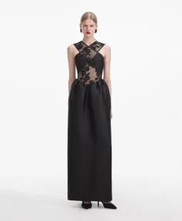 Self-Portrait Lace-trim Taffeta Maxi Dress in Black Size 8 for rent on The Volte - image 1