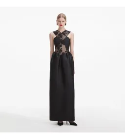 Self Portrait Lace Taffeta Maxi Dress in Black Size 12 for rent on The Volte - image 1
