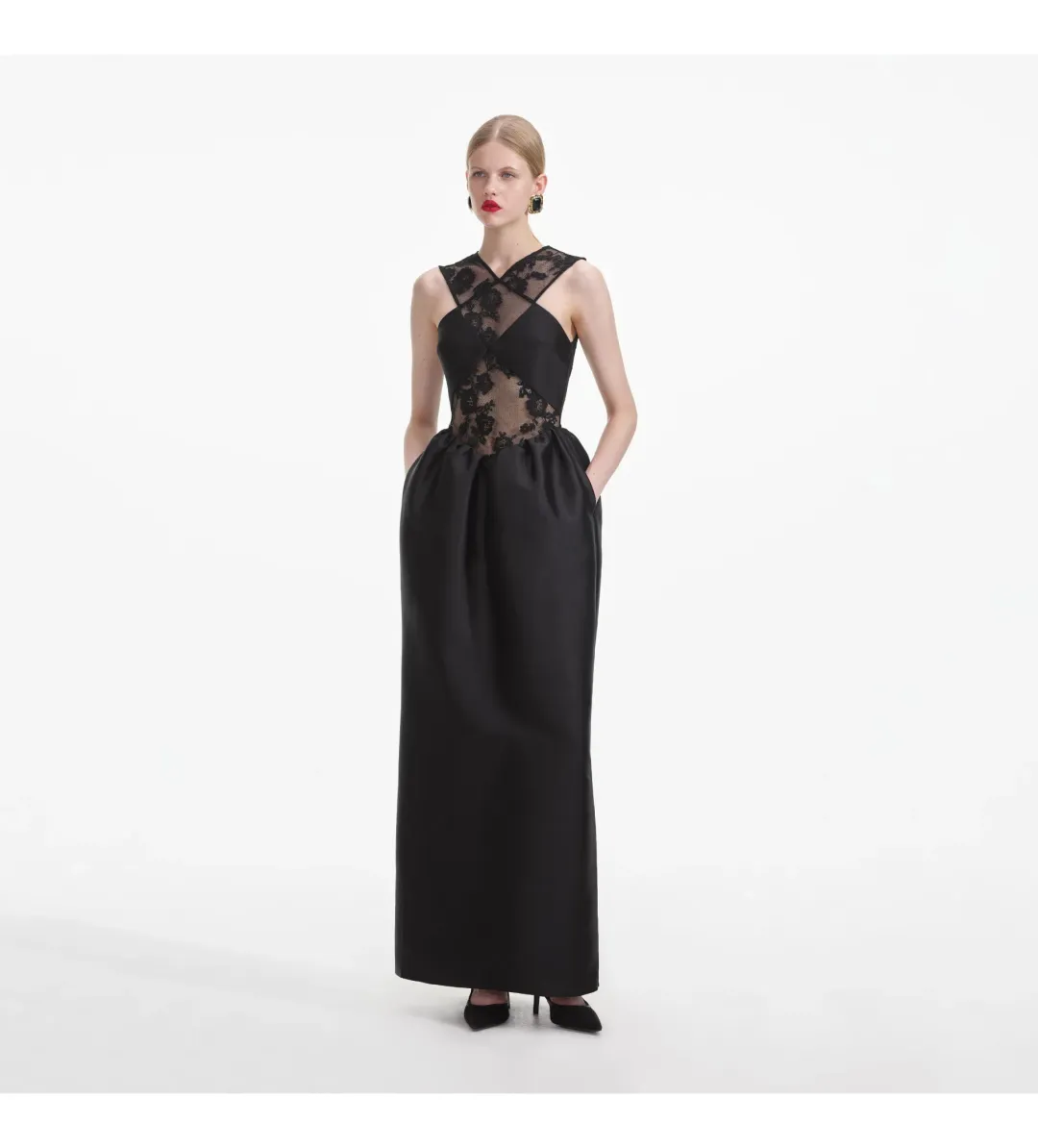 Self Portrait Lace Taffeta Maxi Dress in Black Size 12 for rent on The Volte - main image