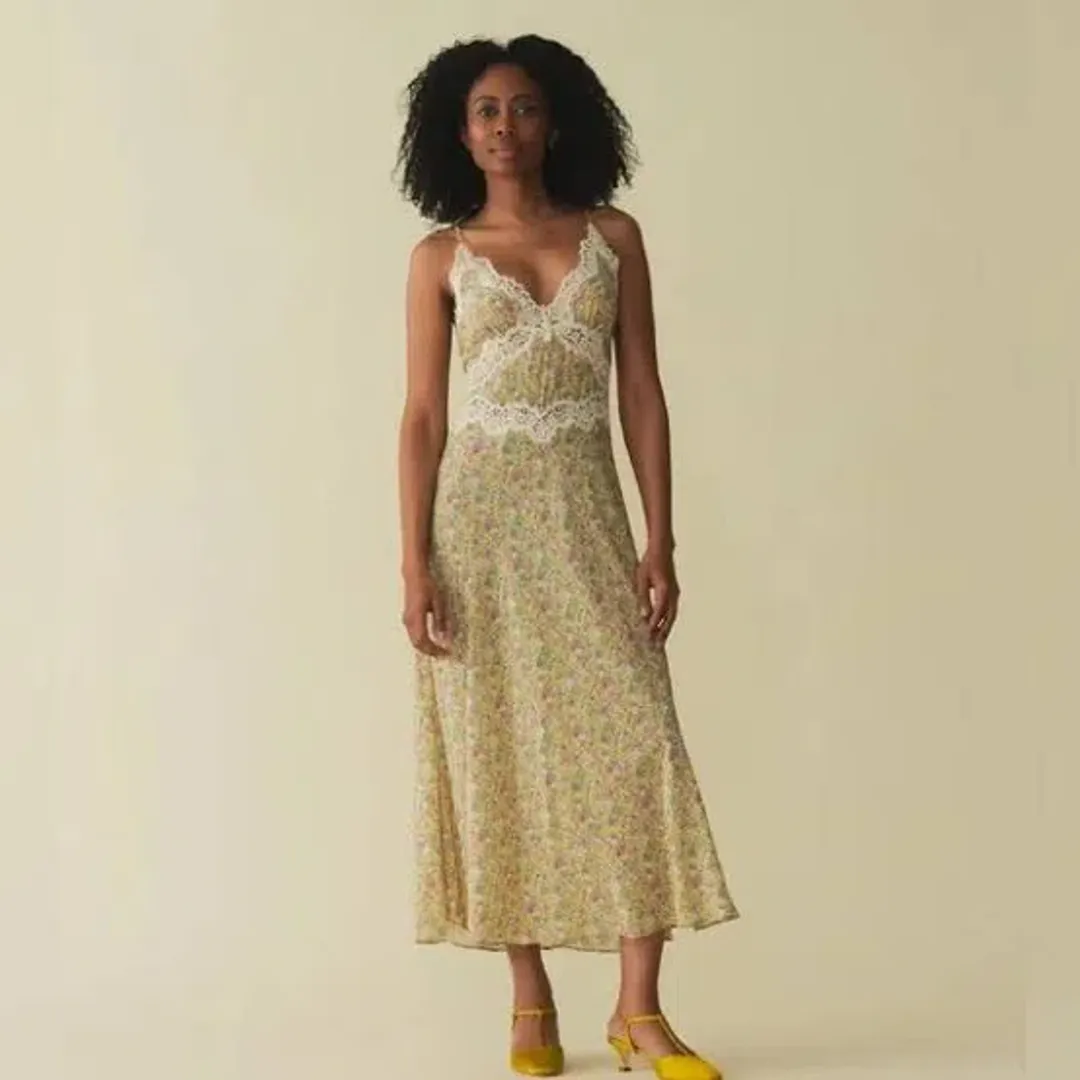 Doen Venus Corded Lace Trimmed Floral Silk Midi Dress Size AU 8 for rent on The Volte - main image