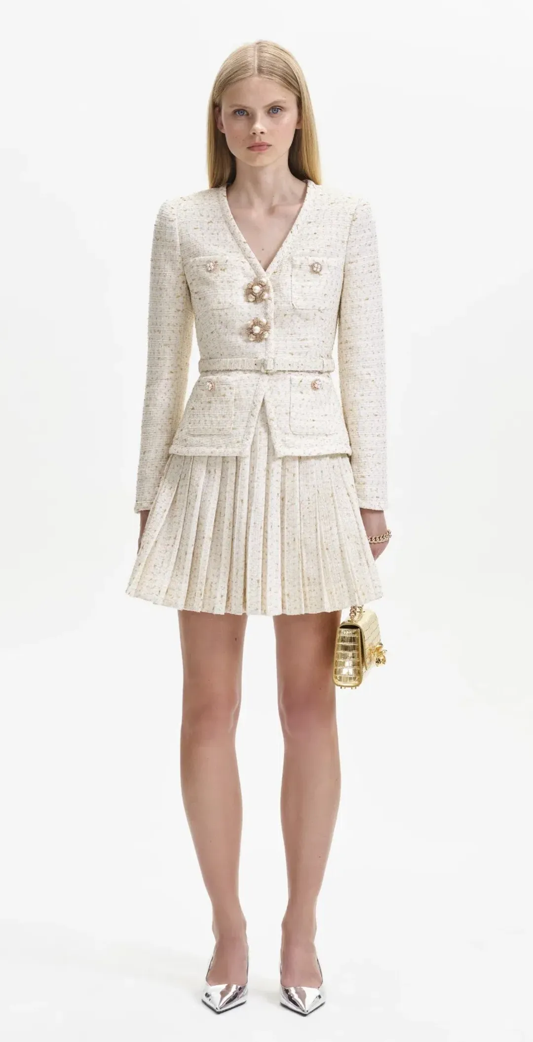 Self-Portrait Cream Metallic Boucle Mini Jacket Dress Size AU 8 for rent on The Volte - main image