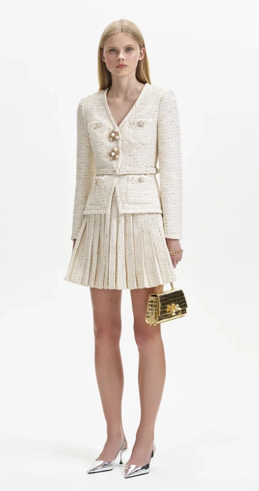 Self-Portrait Cream Metallic Boucle Mini Jacket Dress Size AU 8 for rent on The Volte - main image