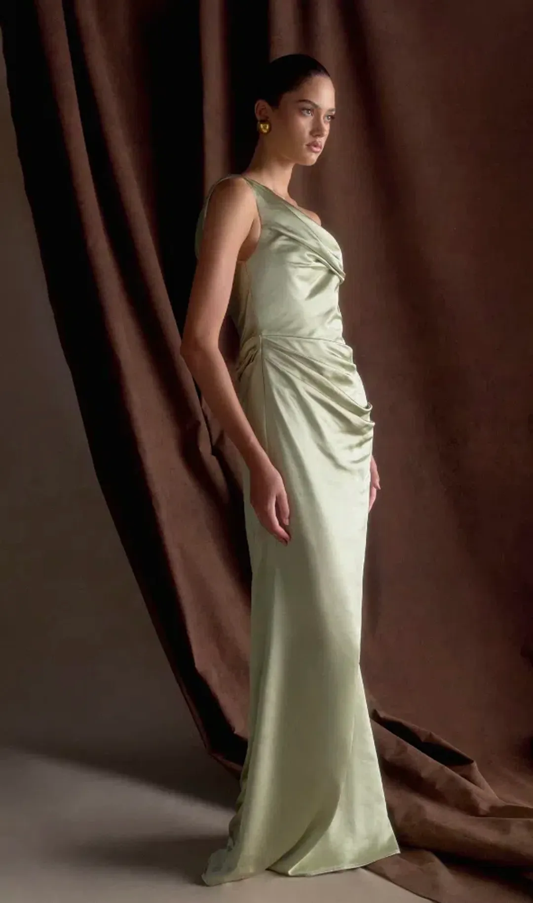 Meshki Dalia Off Shoulder Satin Maxi Dress Maxi Sage Size 8/S for rent on The Volte - main image