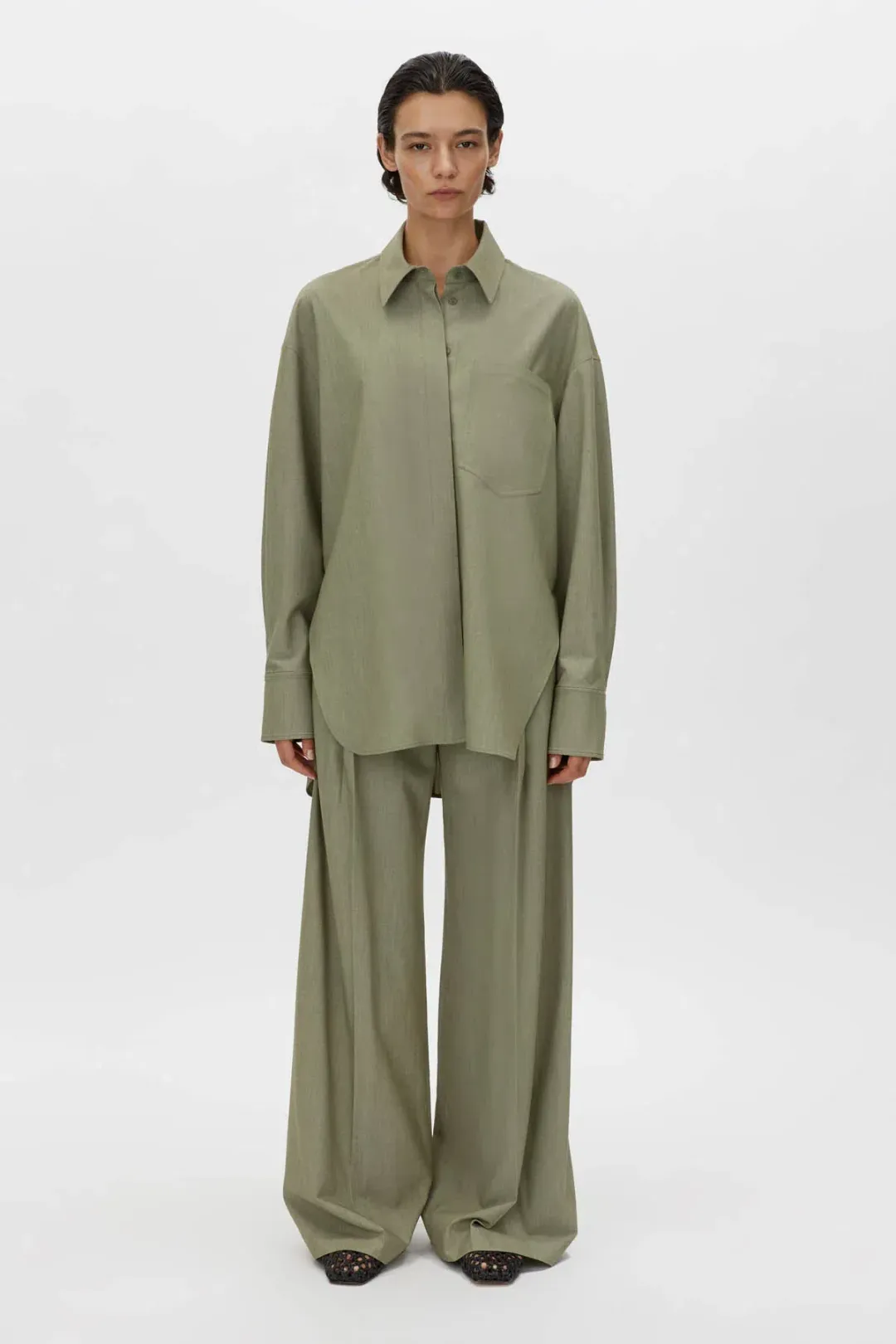 Camilla and Marc Ramon Shirt Size 8 and Pant Size 12 Set Light Khaki Marle for rent on The Volte - main image