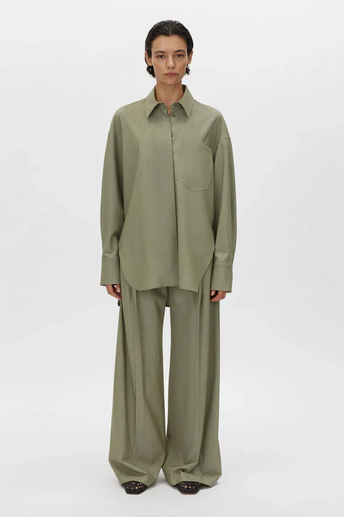 Camilla and Marc Ramon Shirt Size 8 and Pant Size 12 Set Light Khaki Marle for rent on The Volte - main image